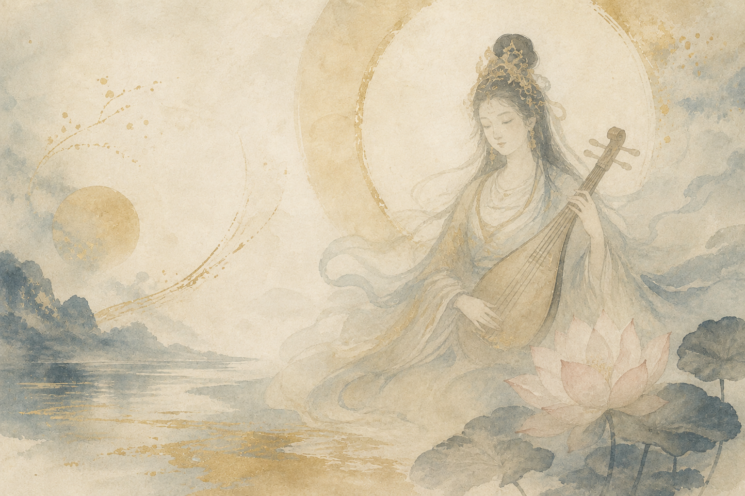 水辺と蓮の花のそばで琵琶を奏でる弁財天を描き、音楽、優美さ、福徳を感じさせるやわらかな光輪を添えた水彩画。