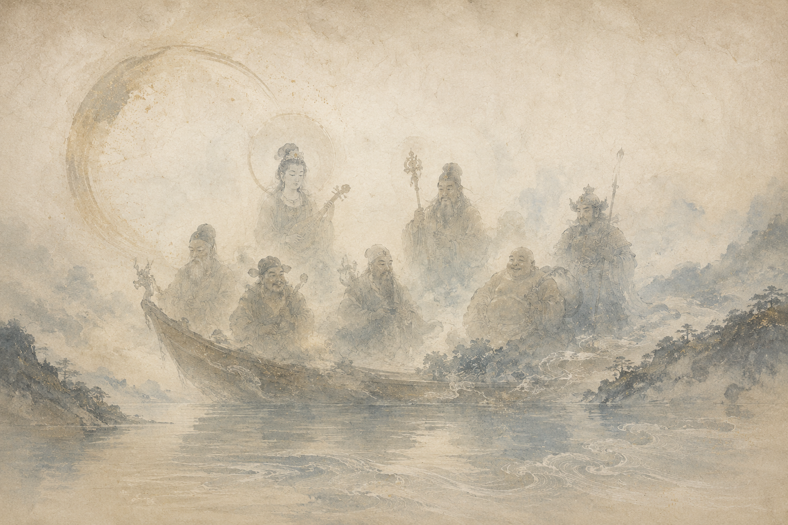 穏やかな水の上の宝船に七福神が集う様子を描き、福徳、繁栄、そして日本仏教における神仏習合の伝統を象徴する水彩画。