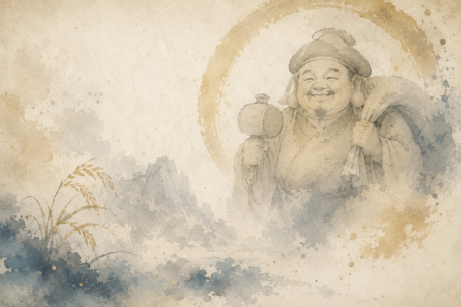 Watercolor illustration of Daikokuten smiling and holding a mallet and treasure sack, with rice plants and a soft halo-like circle, symbolizing fortune and abundance in Buddhist tradition.