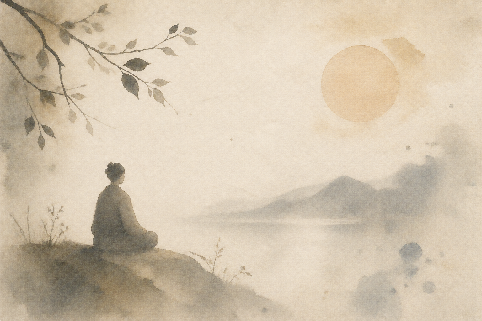 やわらかな陽光の下、霧に包まれた湖と山々を前に静かに座る人物を描いた水彩画で、自分を追い込みすぎず、バランスと思いやりをもって慎みを実践する姿勢を象徴している。
