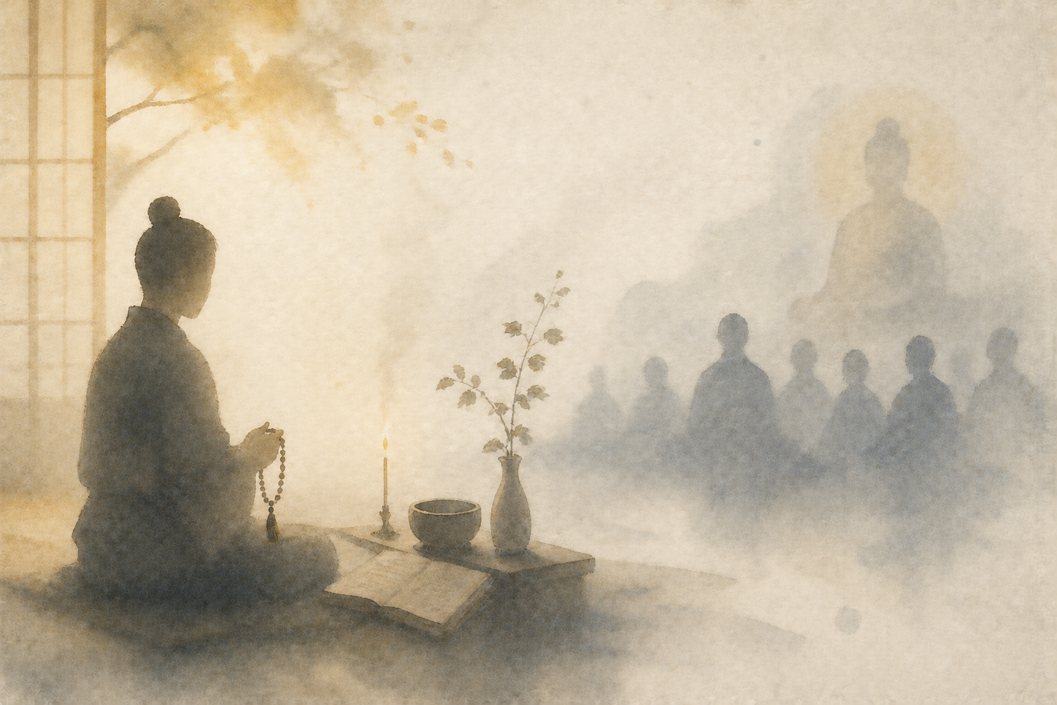 Watercolor illustration of a person practicing Buddhist chanting alone with prayer beads, a candle, a bowl, and a text, while a group of practitioners appears in the mist beyond.