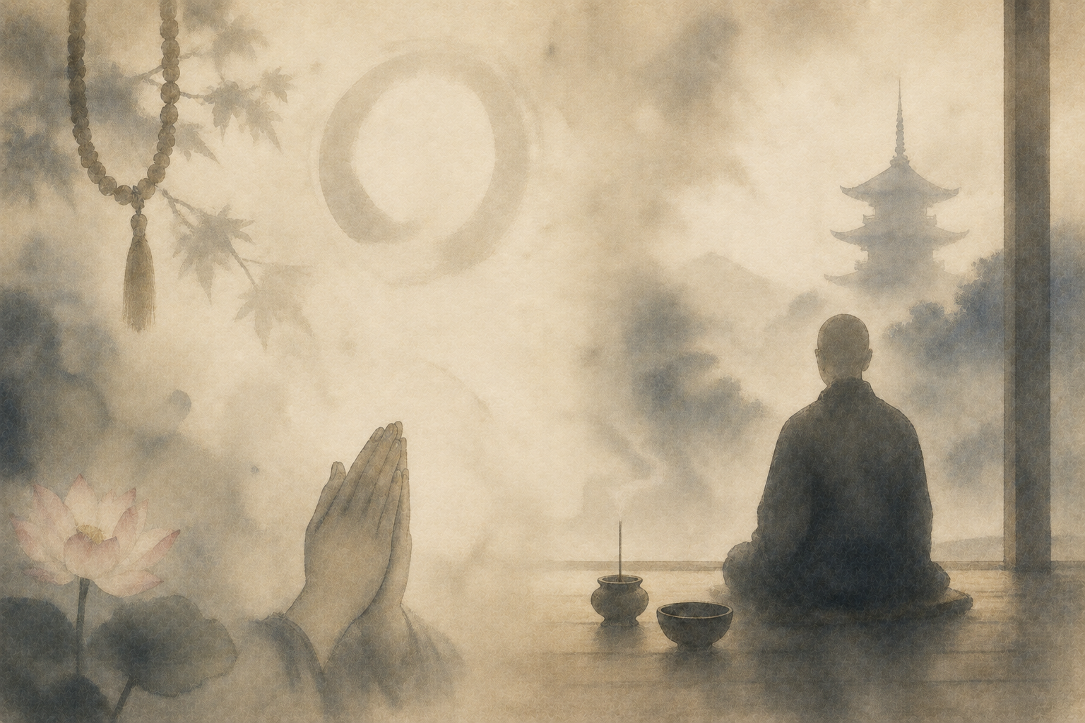 Watercolor illustration of Japanese Buddhist practices, featuring a meditating monk, prayer hands, Buddhist beads, incense, a lotus flower, and a distant pagoda.