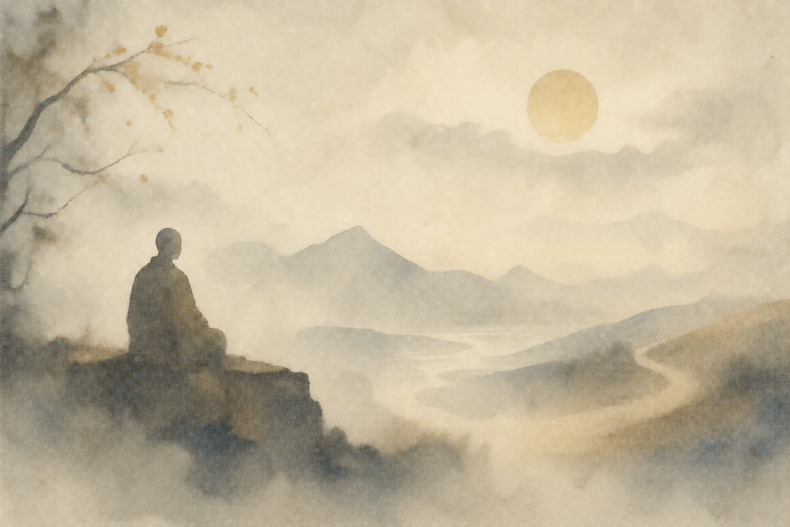Watercolor illustration of a monk quietly observing a winding path through a misty mountain landscape, symbolizing Buddhist teachings on trust, careful reflection, and discernment.