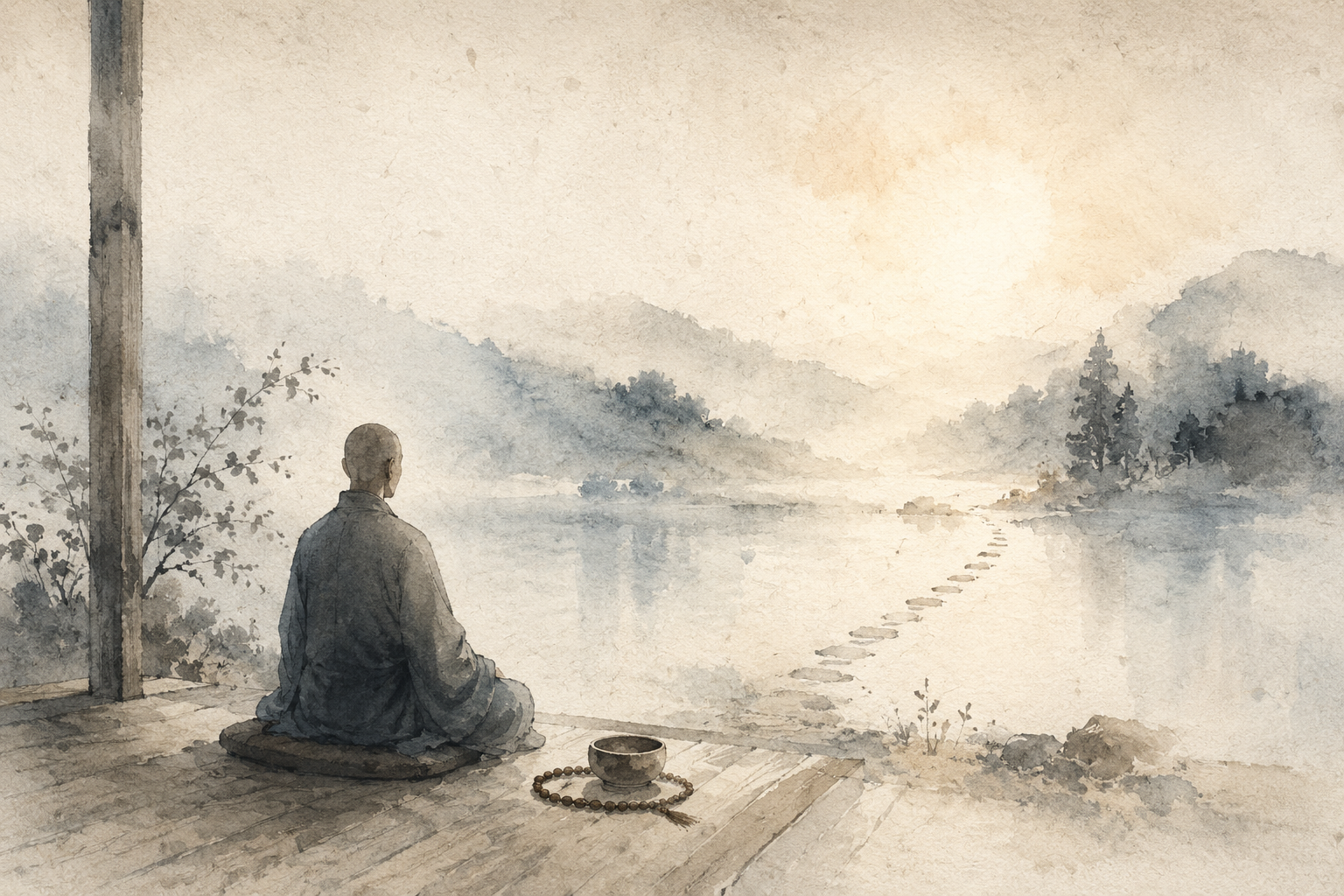 Watercolor illustration of a Buddhist monk seated in quiet reflection beside prayer beads and a singing bowl, looking across a calm lake with stepping stones, suggesting a gentle return to chanting practice.