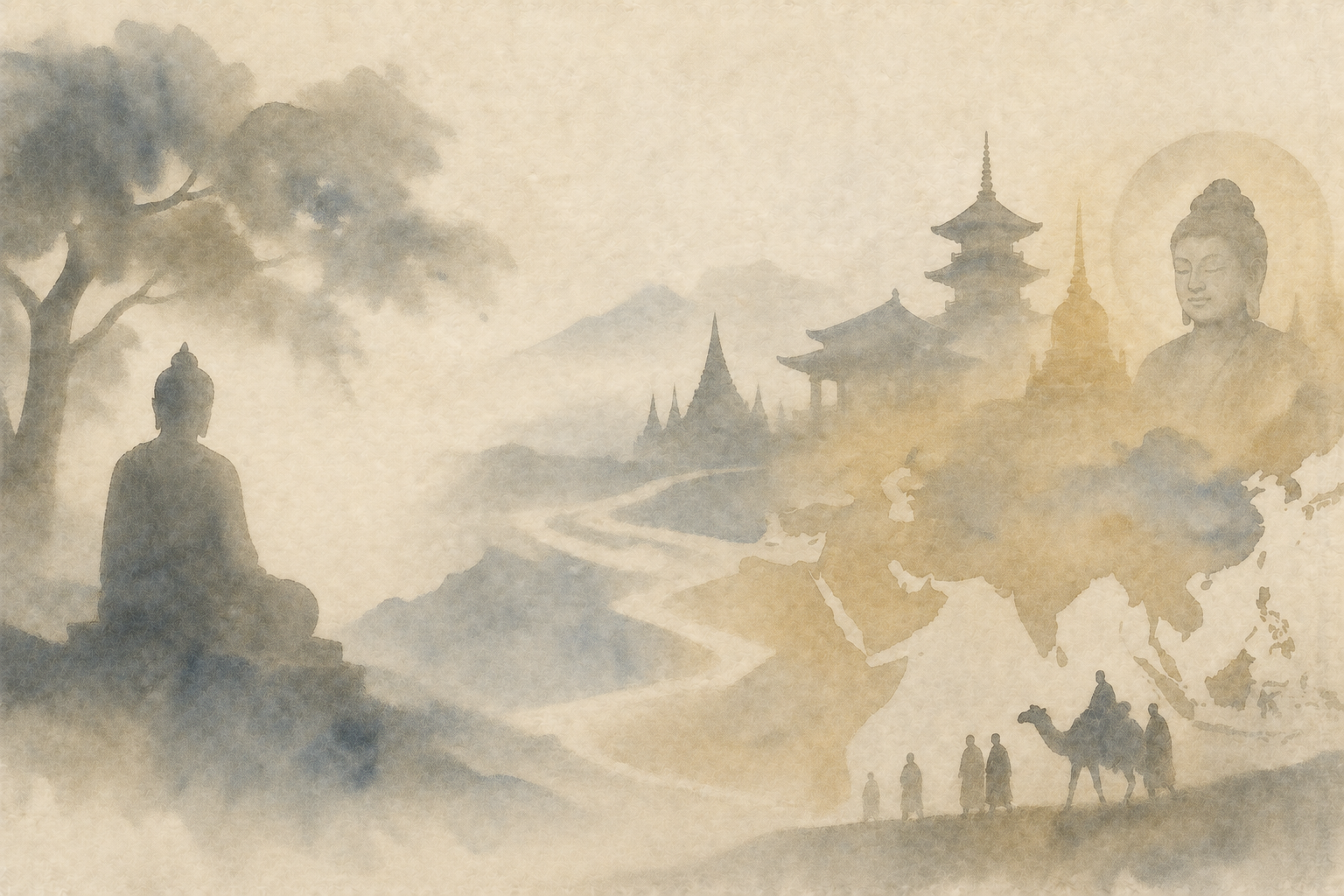 Watercolor illustration of Buddhism spreading across Asia, with a meditating figure, temple silhouettes, a map of the continent, and travelers, symbolizing how Buddhist teachings changed after leaving India.