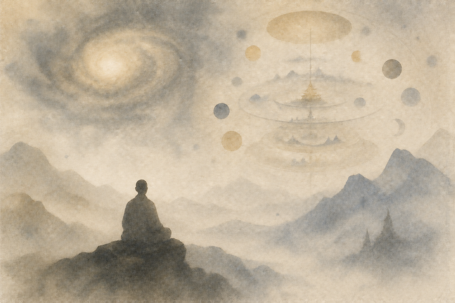 Watercolor illustration of a person meditating beneath a vast symbolic Buddhist cosmos of layered realms, celestial circles, and distant mountains, expressing the complexity of Buddhist cosmology.