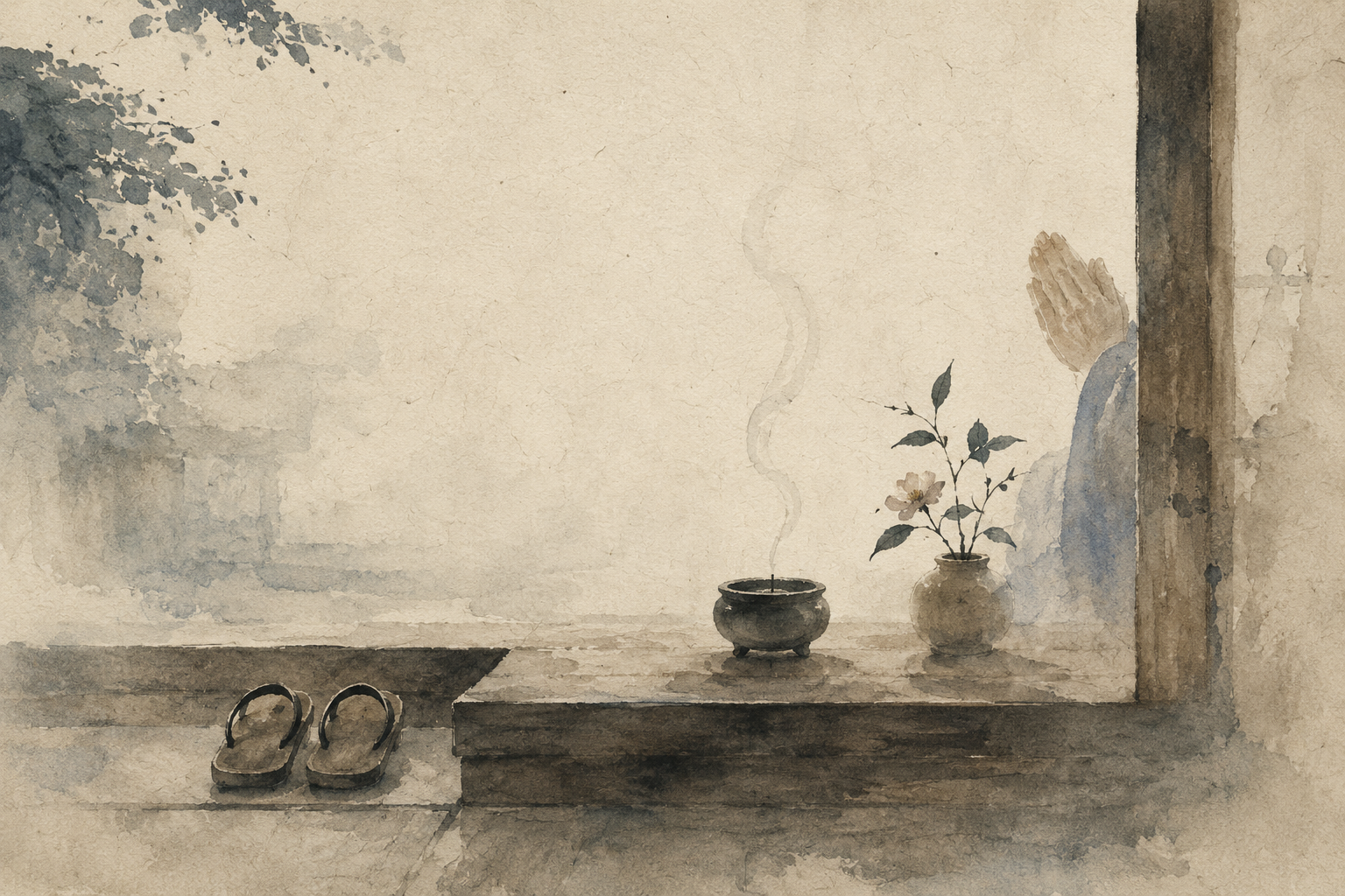 玄関先の草履、小さな祭壇の香と花、そして合掌する手を描いた静かな水彩画。日々の小さな習慣の中に日本仏教が感じられる様子を表しています。