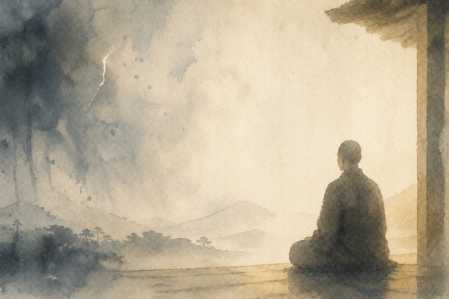 寺院の入口で瞑想する僧侶を、暗い嵐の雲と暖かな光の間に描いた水彩画。仏教実践が楽になる前に苦しく感じられることを象徴しています。